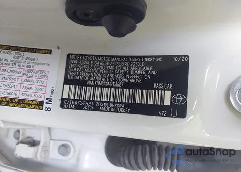 2021 Toyota C-Hr Le z USA, uszkodzony, nr VIN NMTKHMBX8MR118687